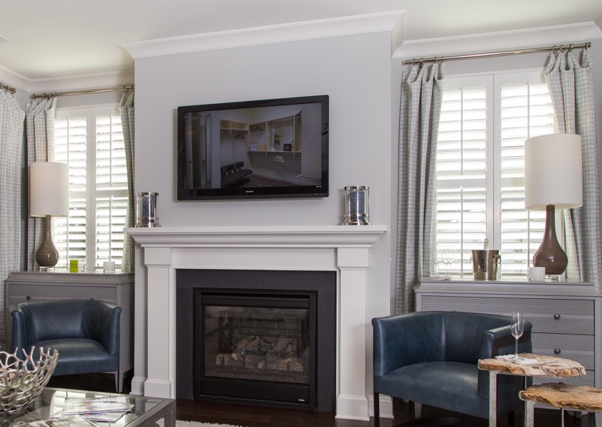 tv room Cleveland faux wood shutters